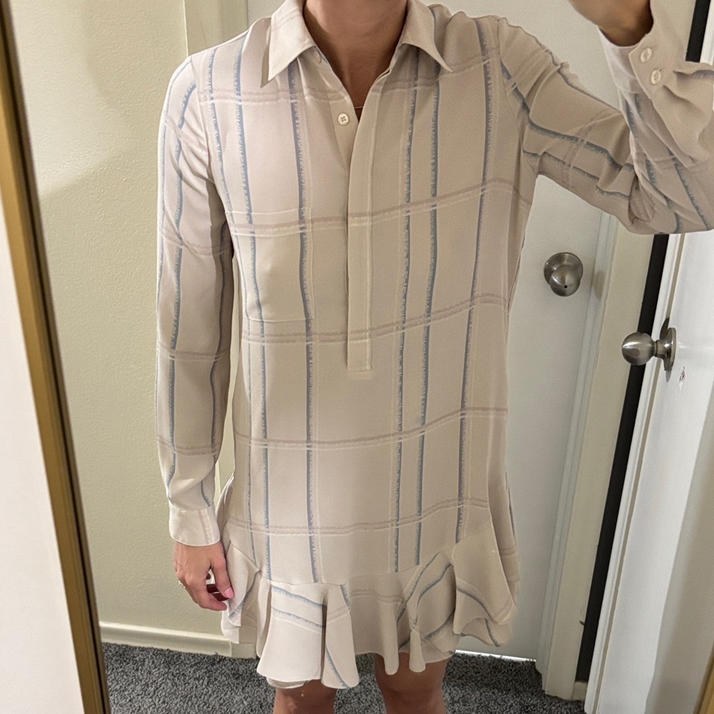 BCBGMaxAzria Cream Shirt Dress with Light Blue Plaid
